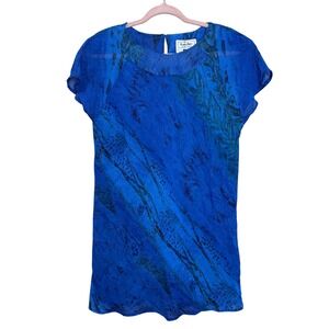 Bold Abstract Blue Blouse Lightweight Painterly Breezy Top Womens 2X Plus 90s